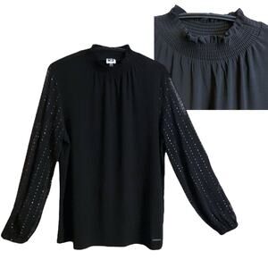 Anne Klein Blouse Womens Size L Top Black Silver Turtleneck Sheer Long Sleeve